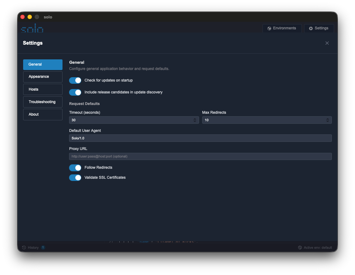 Shows the 'General' settings tab with toggles for updates and debug mode highlighted.