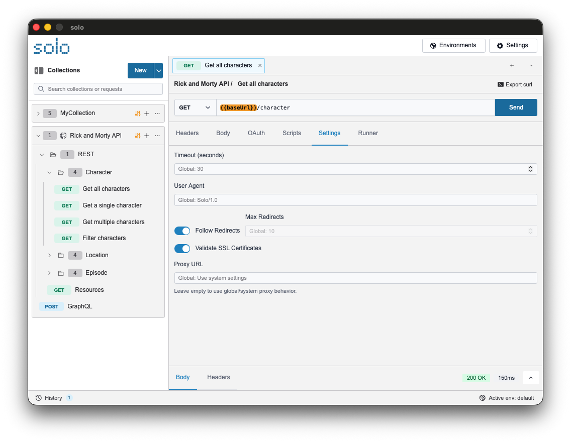 Shows the 'Request Settings' section with fields for Timeout, Redirects, Proxy, and Validate SSL.