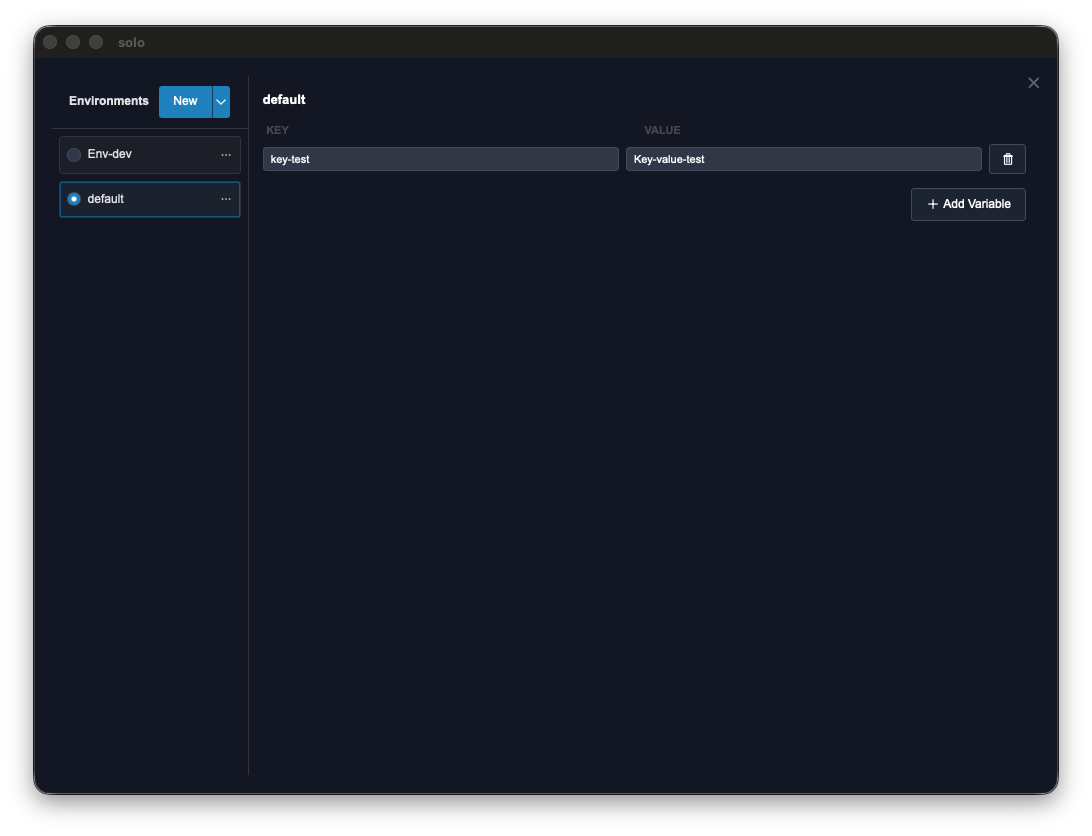 View of the Environment Manager with a list of environments on the left and a grid of keys and values on the right.