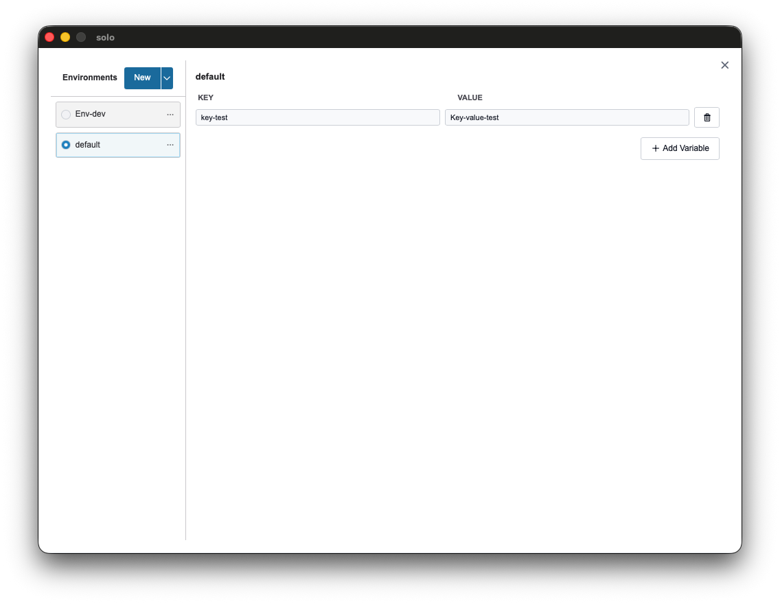 View of the Environment Manager with a list of environments on the left and a grid of keys and values on the right.