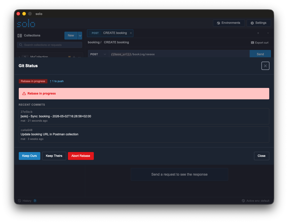 The Git synchronization panel showing a conflict (with the lightning bolt icon) and the 'Keep Ours' / 'Keep Theirs' buttons ready to be clicked.