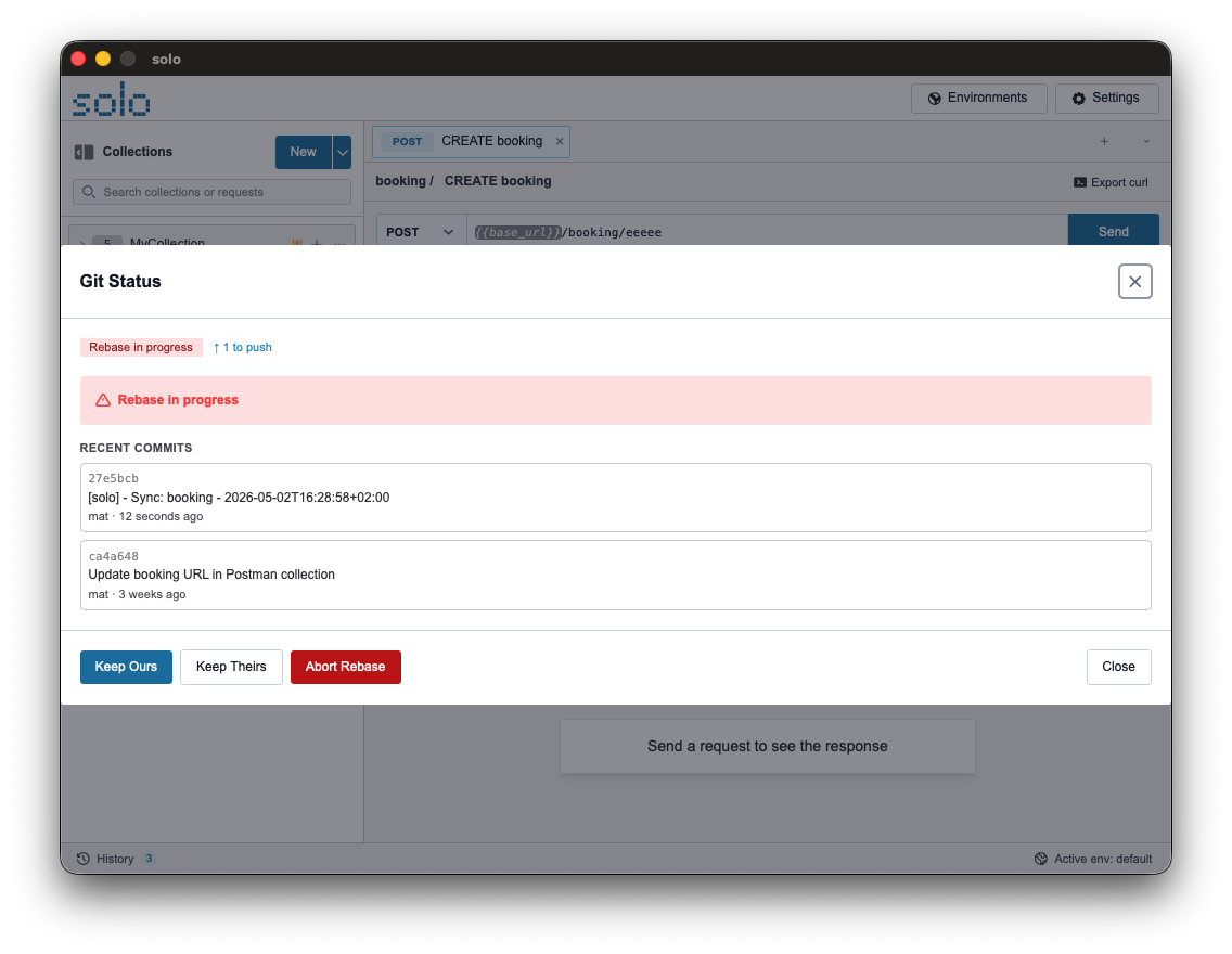 The Git synchronization panel showing a conflict (with the lightning bolt icon) and the 'Keep Ours' / 'Keep Theirs' buttons ready to be clicked.