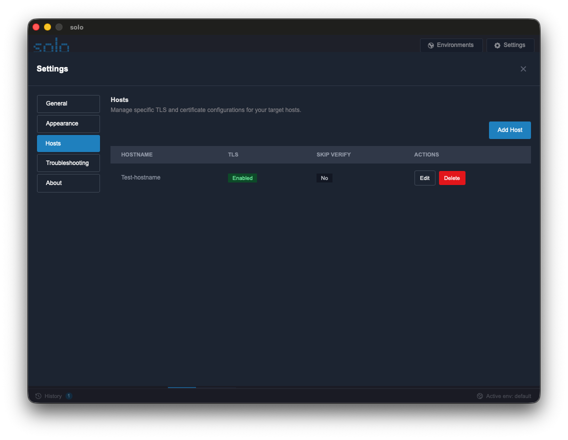 Solo's Host settings panel with an already configured host, showing TLS details and associated cookies.