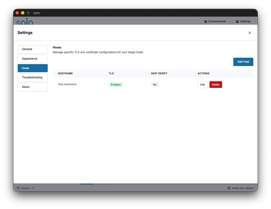 Solo's Host settings panel with an already configured host, showing TLS details and associated cookies.