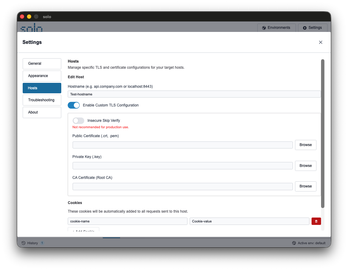 The add host form with the TLS section expanded and the certificate (.crt) and key (.key) file paths entered.