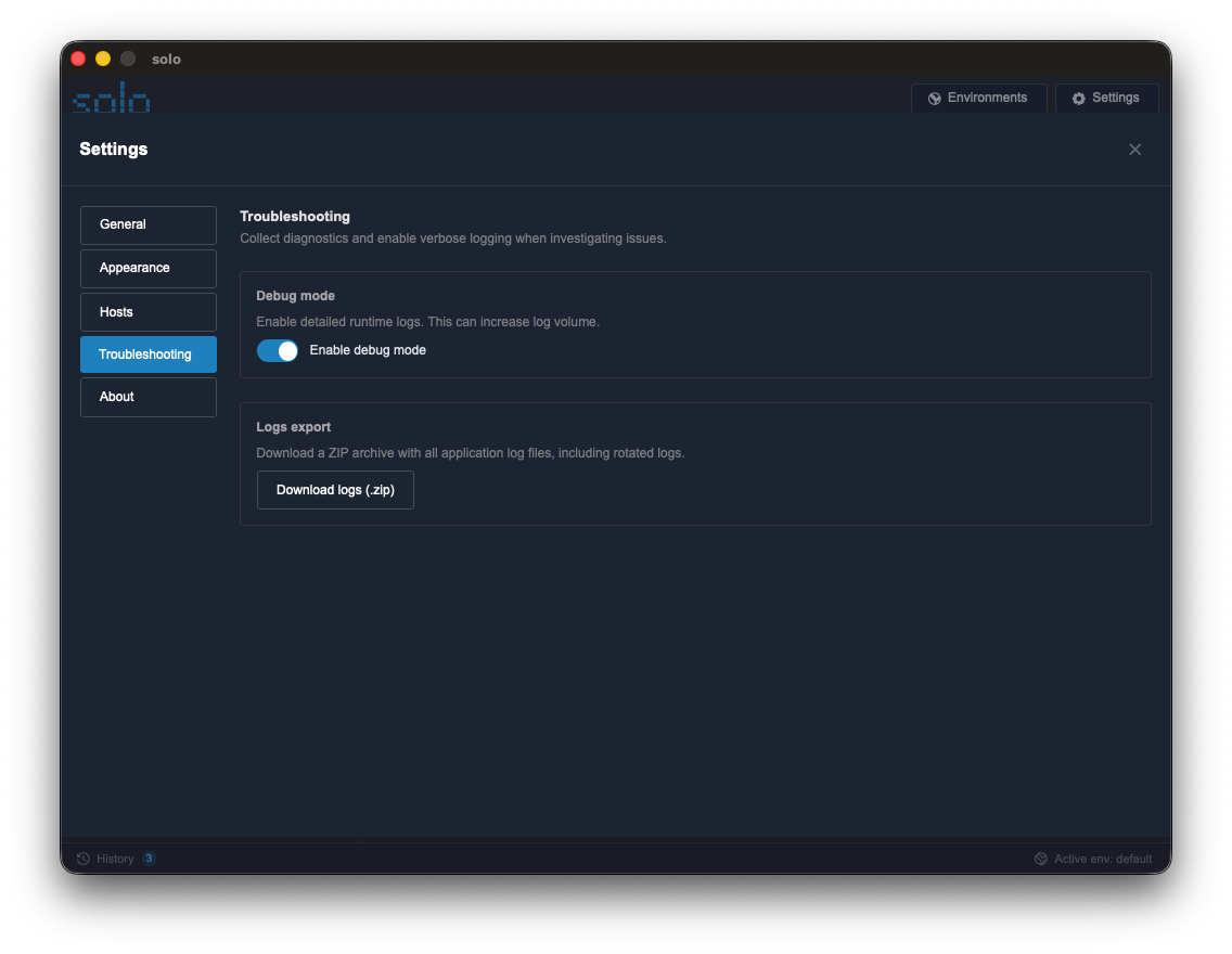The 'Troubleshooting' panel in Solo's settings with the button to download logs and the Debug Mode toggle.