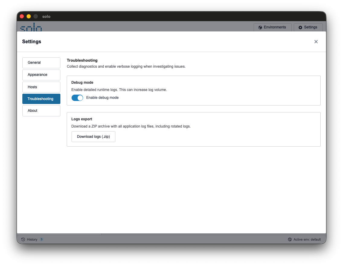 The 'Troubleshooting' panel in Solo's settings with the button to download logs and the Debug Mode toggle.